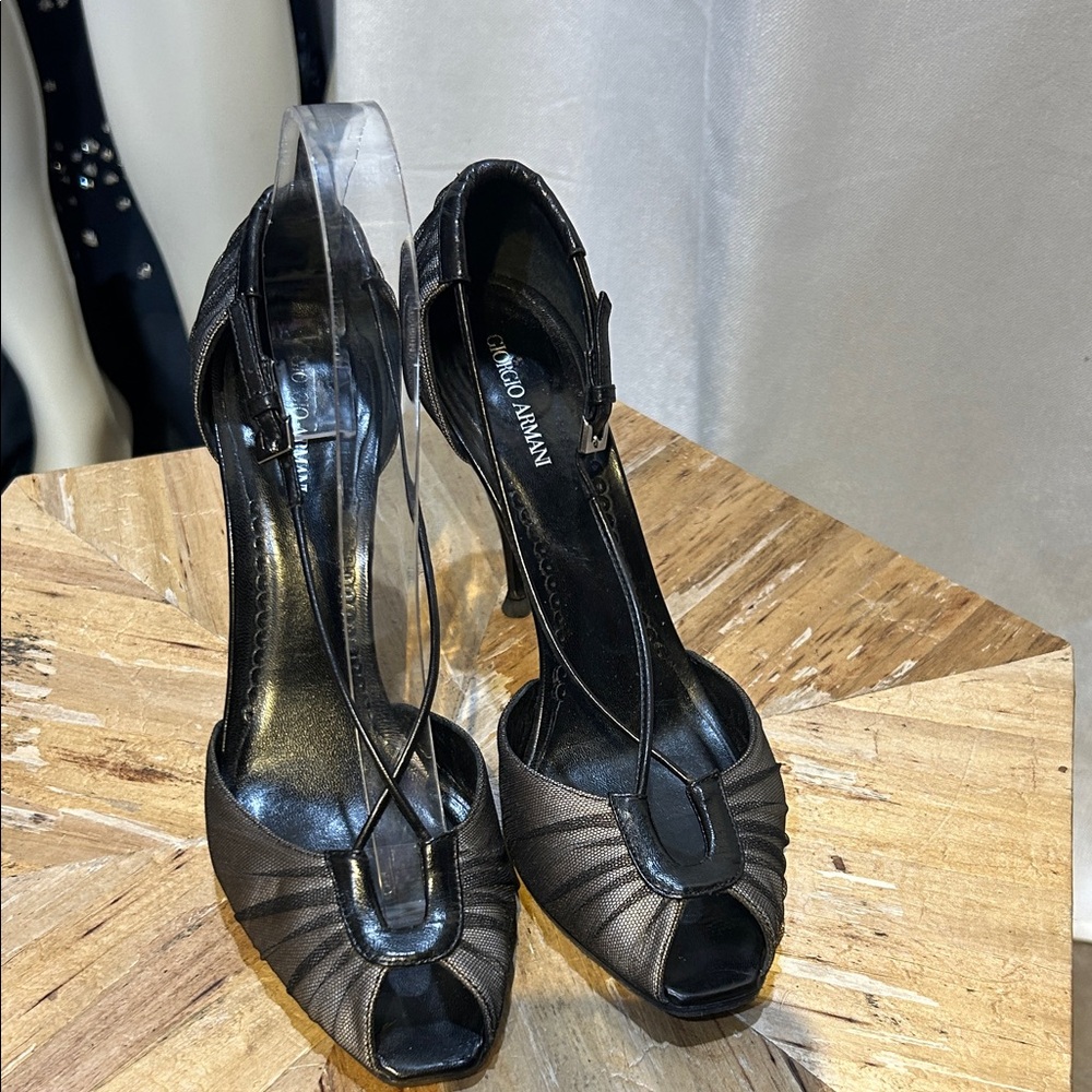 Giorgio Armani Black Satin Ruched Peep-Toe Heels with Ankle Strap